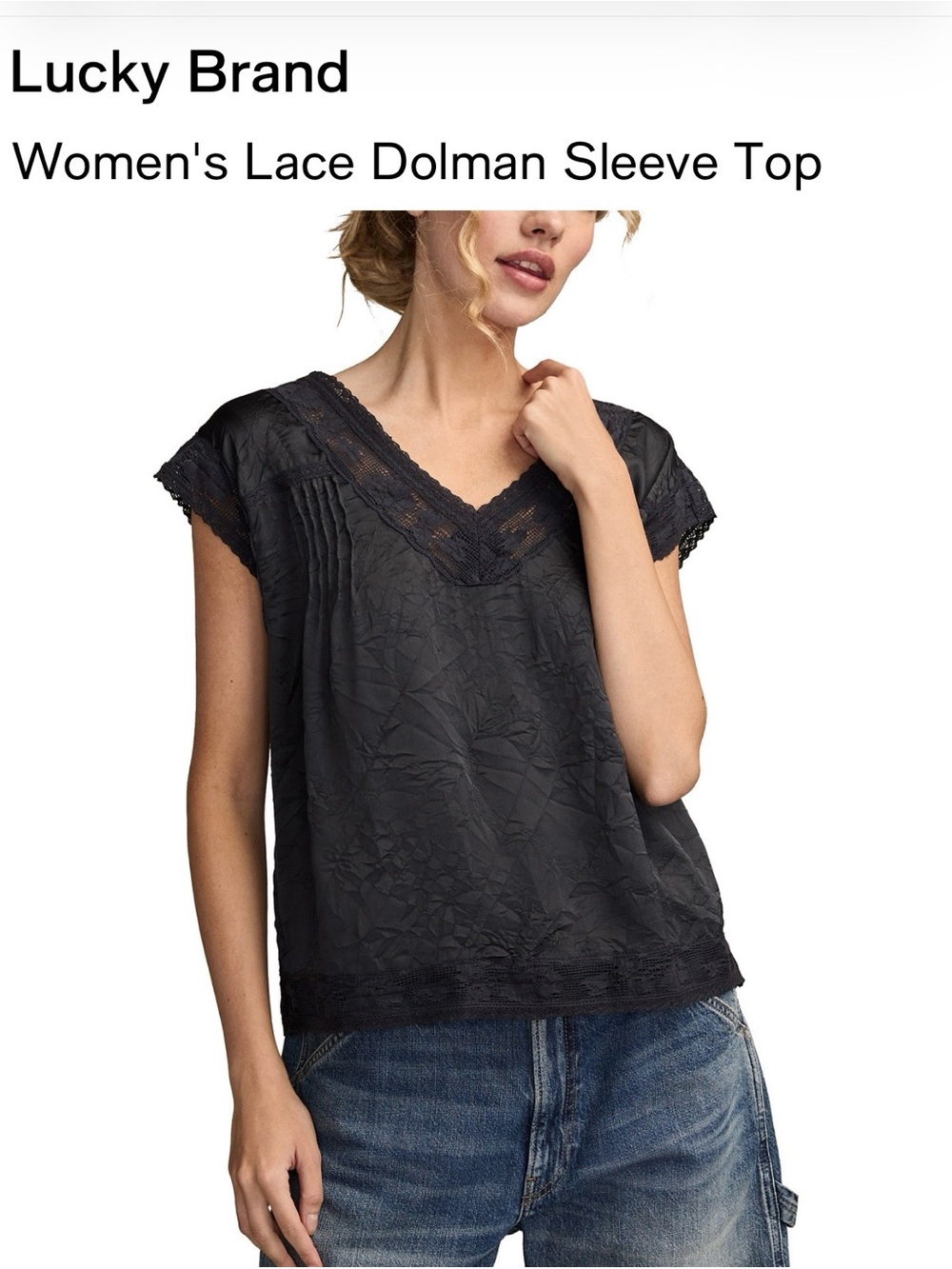 😍NEW Lucky Brand Women's Lace Dolman Sleeve Top - Black